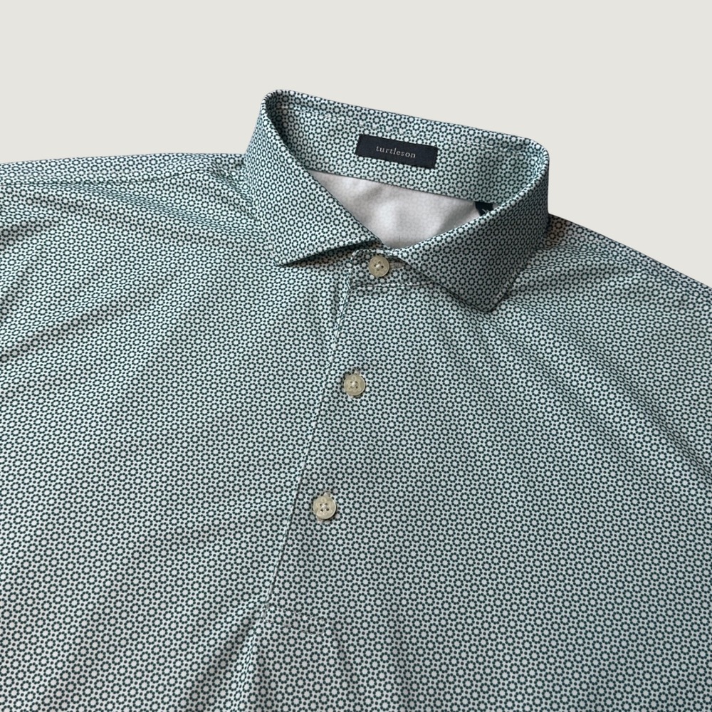 Turtleson Polo Shirt Mens M Geometric Dot Teal White Stretch Lakewood Cup Golf